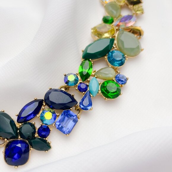 J. Crew Blue Green Yellow Ombre Chunky Rhinestone Gem Jewel Statement Necklace - Picture 6 of 13